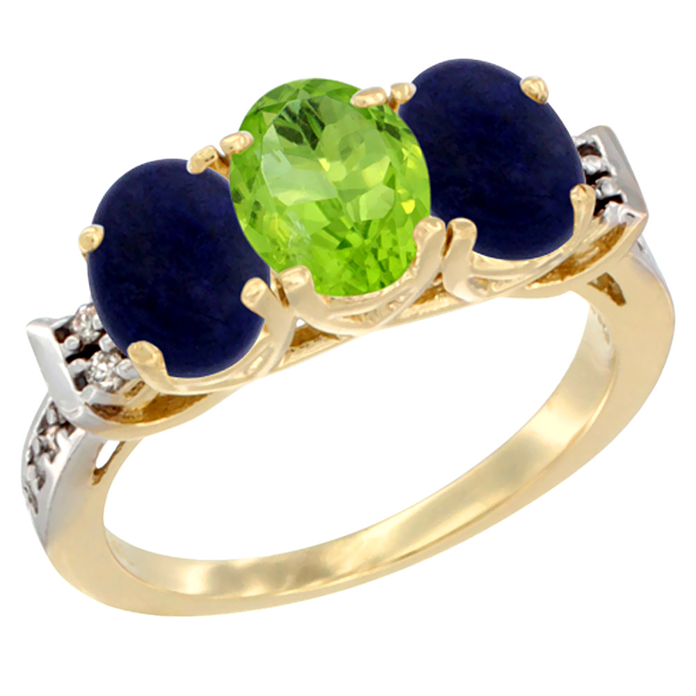 10K Yellow Gold Natural Peridot &amp; Lapis Sides Ring 3-Stone Oval 7x5 mm Diamond Accent, sizes 5 - 10