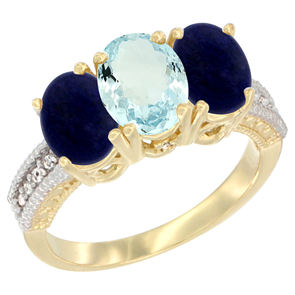 14K Yellow Gold Natural Aquamarine Ring with Lapis 3-Stone 7x5 mm Oval Diamond Accent, sizes 5 - 10