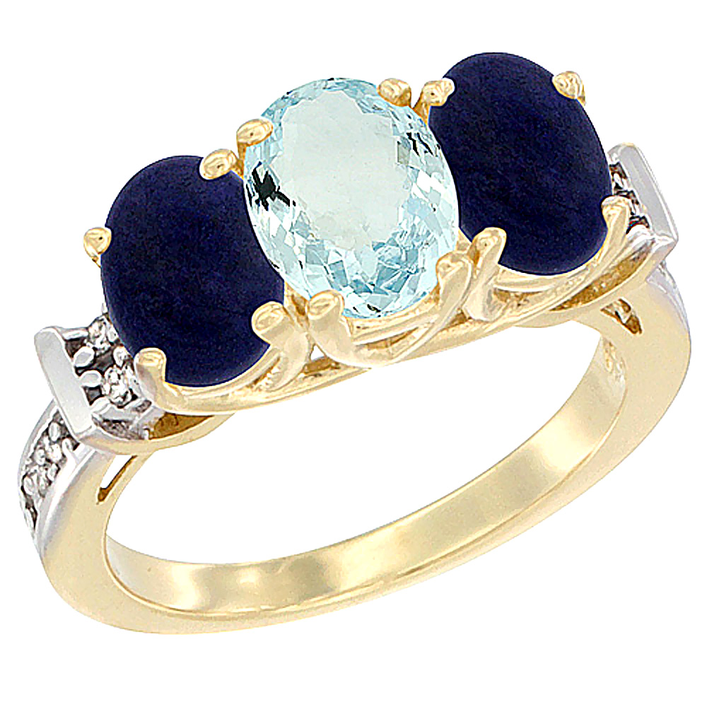 14K Yellow Gold Natural Aquamarine & Lapis Sides Ring 3-Stone Oval Diamond Accent, sizes 5 - 10