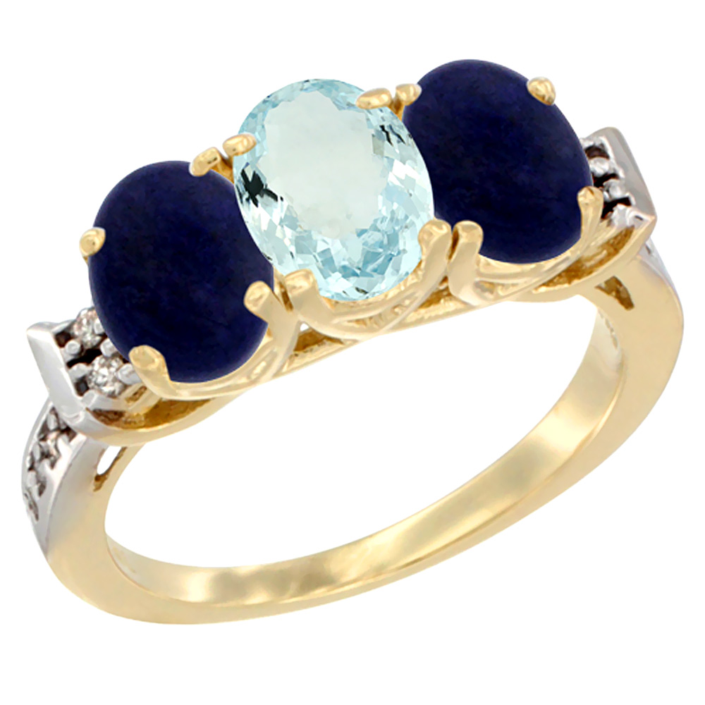 10K Yellow Gold Natural Aquamarine & Lapis Sides Ring 3-Stone Oval 7x5 mm Diamond Accent, sizes 5 - 10