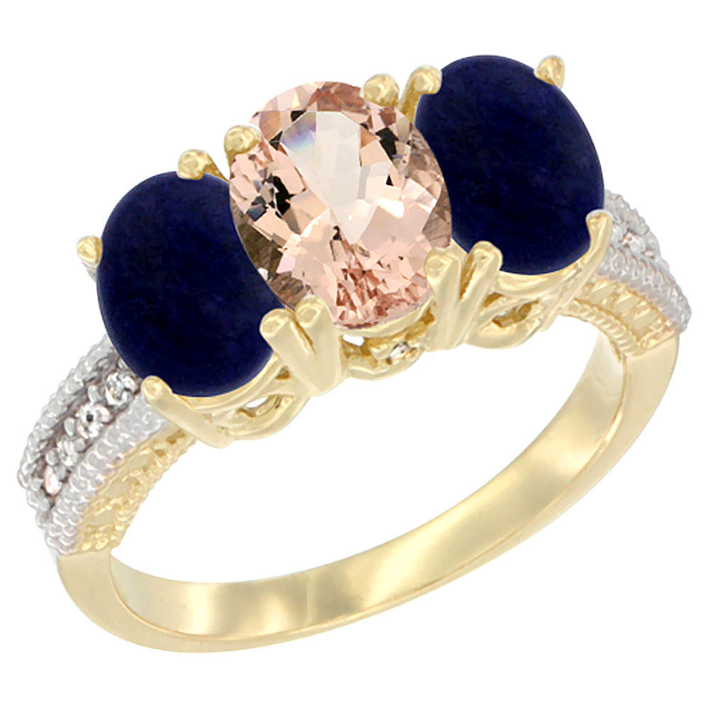 14K Yellow Gold Natural Morganite Ring with Lapis 3-Stone 7x5 mm Oval Diamond Accent, sizes 5 - 10