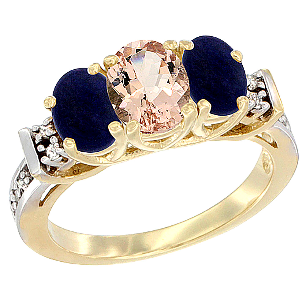 14K Yellow Gold Natural Morganite &amp; Lapis Ring 3-Stone Oval Diamond Accent