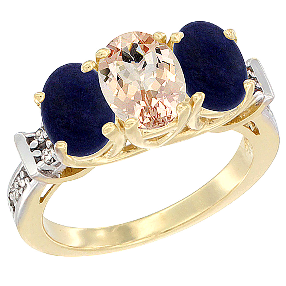 14K Yellow Gold Natural Morganite & Lapis Sides Ring 3-Stone Oval Diamond Accent, sizes 5 - 10
