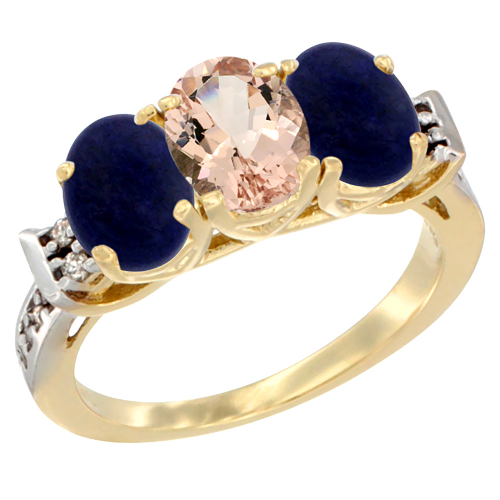 10K Yellow Gold Natural Morganite & Lapis Sides Ring 3-Stone Oval 7x5 mm Diamond Accent, sizes 5 - 10
