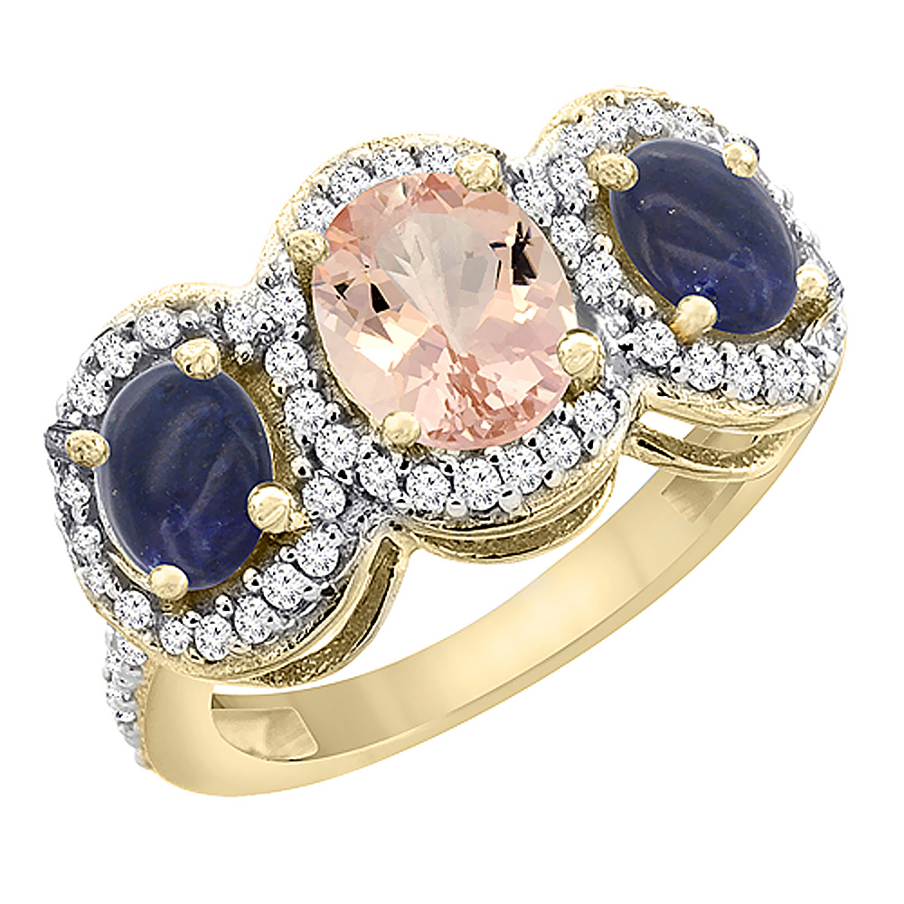 14K Yellow Gold Natural Morganite &amp; Lapis 3-Stone Ring Oval Diamond Accent, sizes 5 - 10