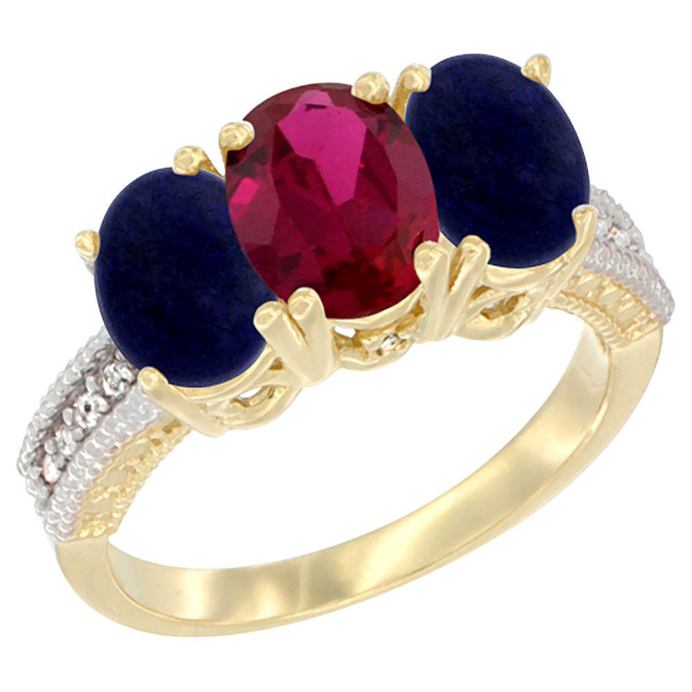 10K Yellow Gold Diamond Enhanced Ruby &amp; Natural Lapis Ring 3-Stone 7x5 mm Oval, sizes 5 - 10