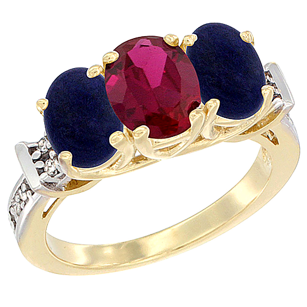 10K Yellow Gold Enhanced Ruby &amp; Lapis Sides Ring 3-Stone Oval Diamond Accent, sizes 5 - 10