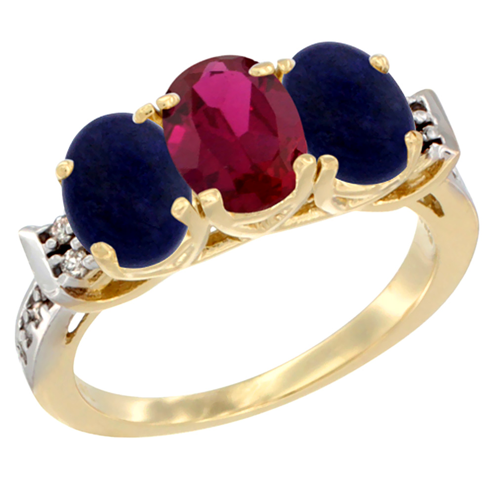 10K Yellow Gold Enhanced Ruby & Natural Lapis Sides Ring 3-Stone Oval 7x5 mm Diamond Accent, sizes 5 - 10