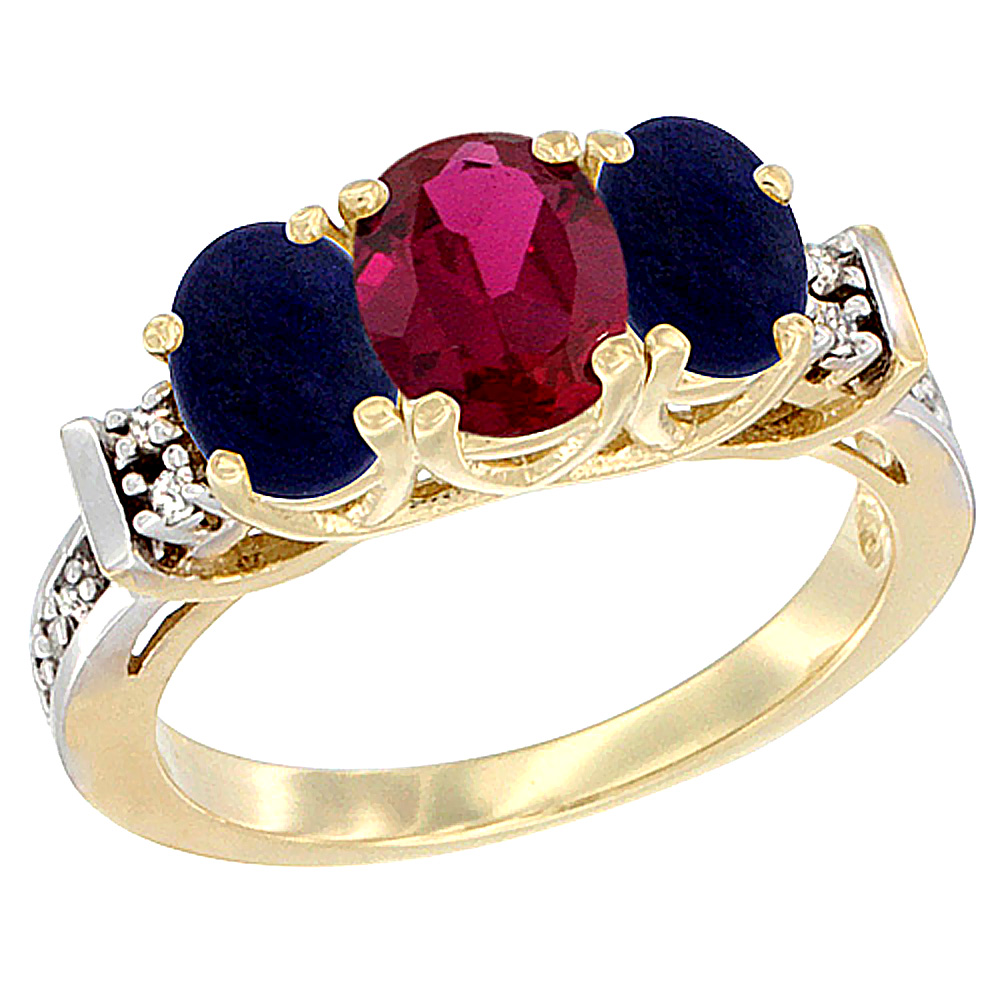 10K Yellow Gold Natural High Quality Ruby & Lapis Ring 3-Stone Oval Diamond Accent
