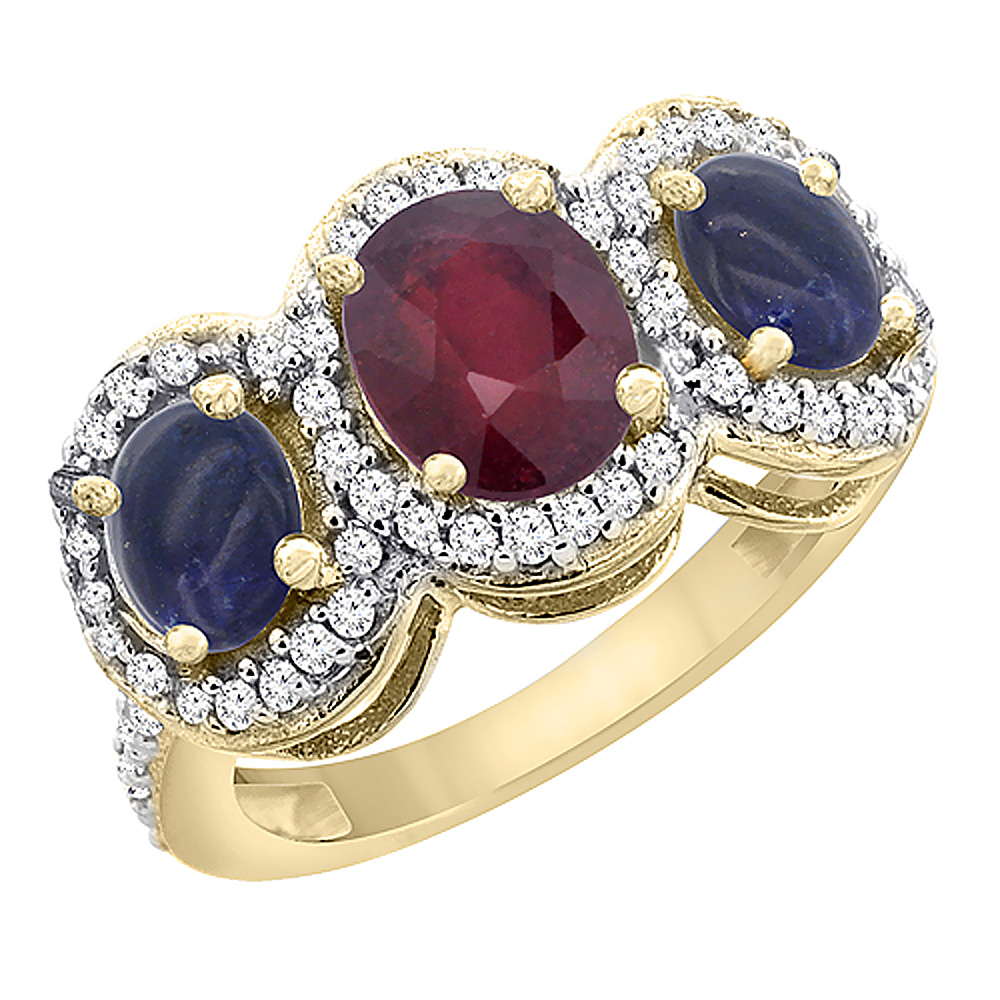 14K Yellow Gold Natural Quality Ruby &amp; Lapis 3-stone Mothers Ring Oval Diamond Accent, size 5 - 10