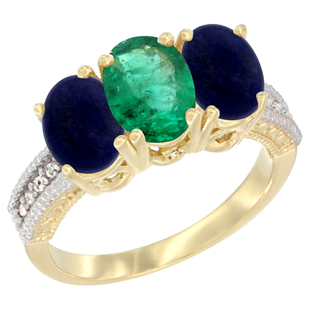 14K Yellow Gold Natural Emerald Ring with Lapis 3-Stone 7x5 mm Oval Diamond Accent, sizes 5 - 10