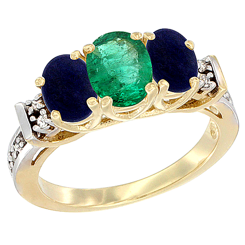 14K Yellow Gold Natural Emerald &amp; Lapis Ring 3-Stone Oval Diamond Accent