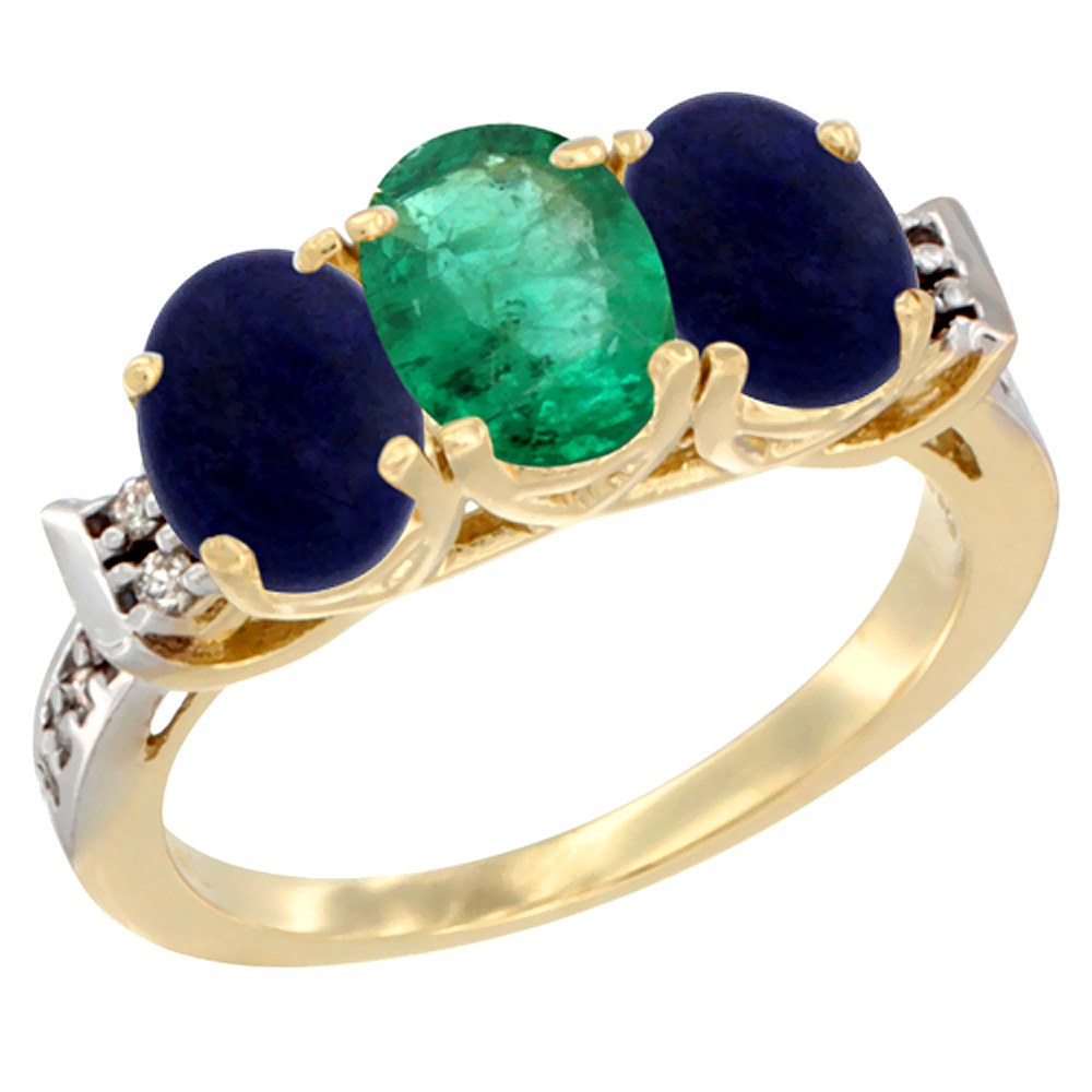 10K Yellow Gold Natural Emerald &amp; Lapis Sides Ring 3-Stone Oval 7x5 mm Diamond Accent, sizes 5 - 10