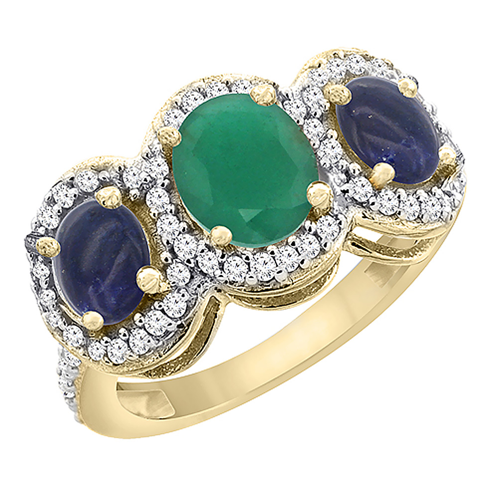 10K Yellow Gold Natural Quality Emerald & Lapis 3-stone Mothers Ring Oval Diamond Accent, size 5 - 10