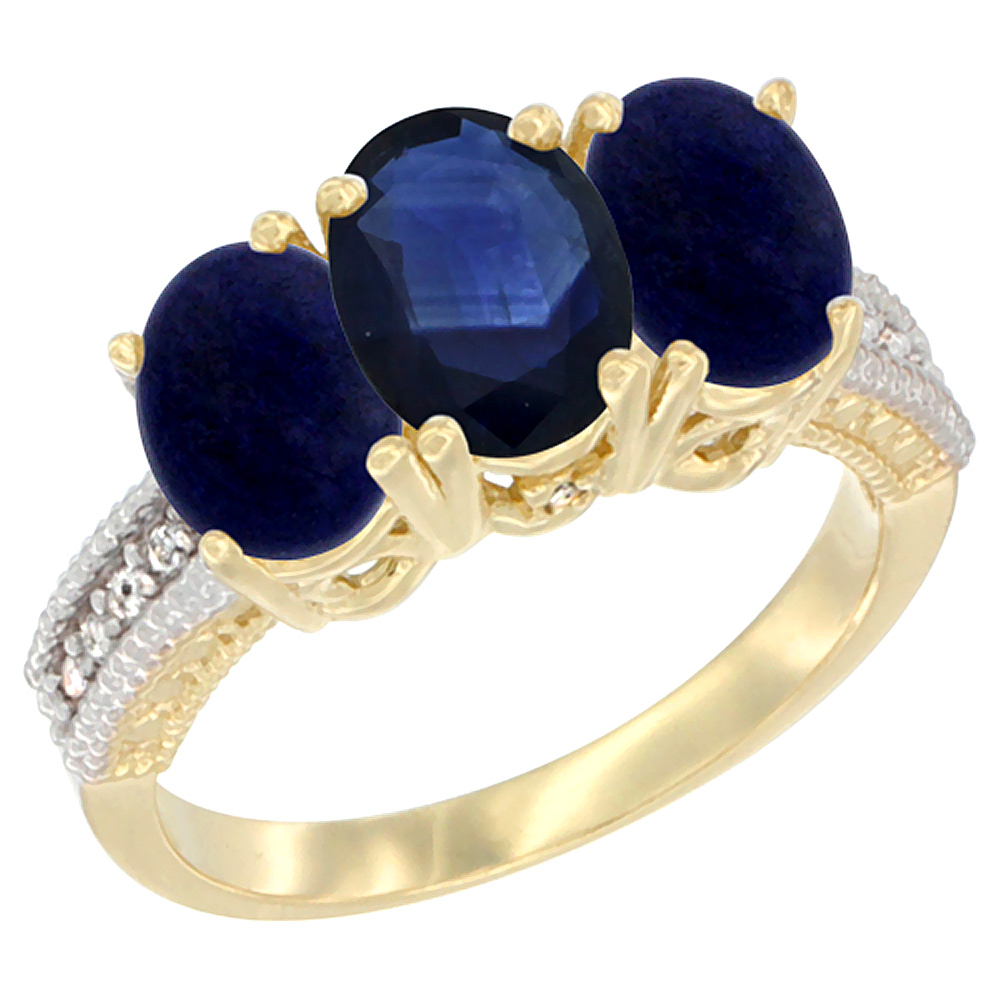 10K Yellow Gold Diamond Natural Blue Sapphire &amp; Lapis Ring 3-Stone 7x5 mm Oval, sizes 5 - 10
