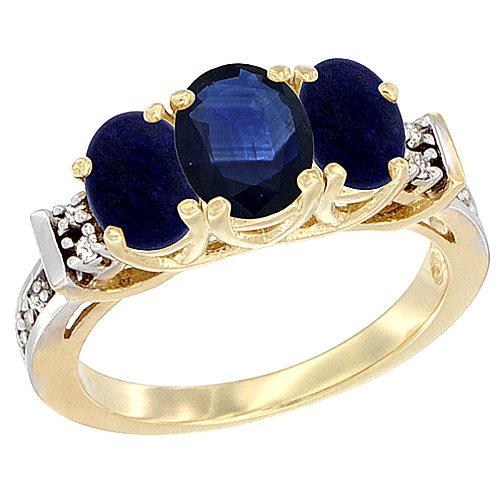 14K Yellow Gold Natural Blue Sapphire & Lapis Ring 3-Stone Oval Diamond Accent