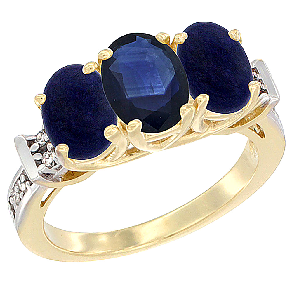 10K Yellow Gold Natural Blue Sapphire & Lapis Sides Ring 3-Stone Oval Diamond Accent, sizes 5 - 10