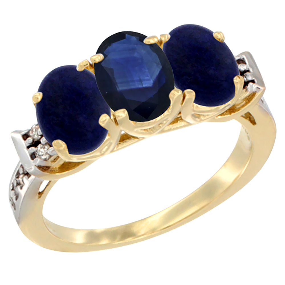 14K Yellow Gold Natural Blue Sapphire & Lapis Ring 3-Stone 7x5 mm Oval Diamond Accent, sizes 5 - 10