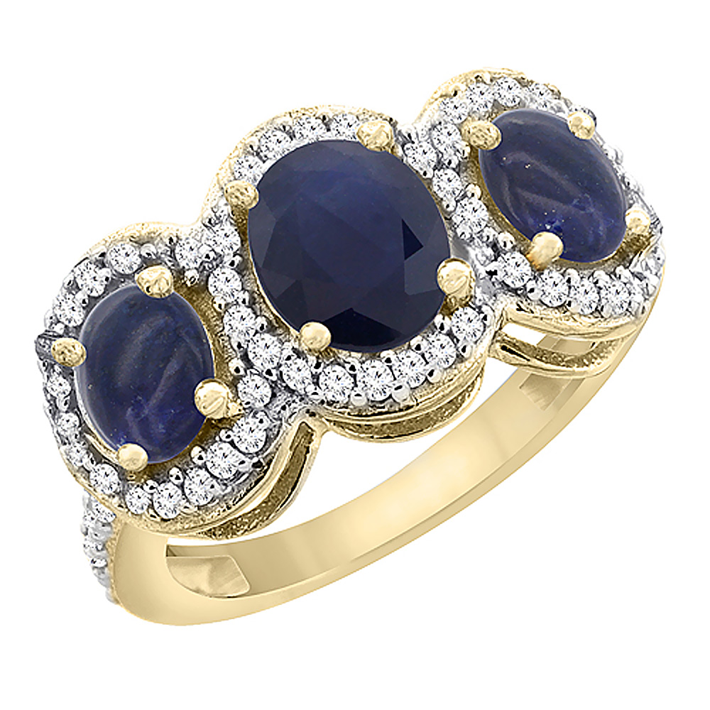 14K Yellow Gold Natural Blue Sapphire &amp; Lapis 3-Stone Ring Oval Diamond Accent, sizes 5 - 10