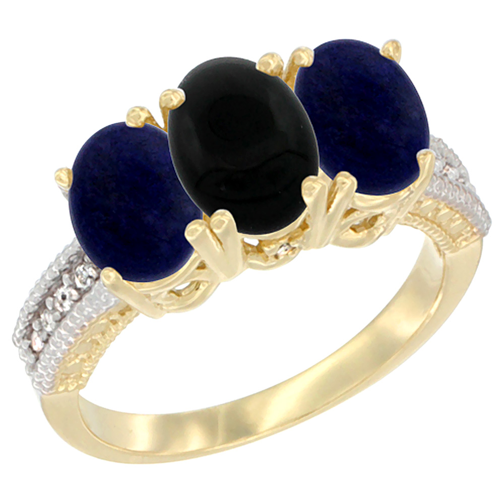 14K Yellow Gold Natural Black Onyx Ring with Lapis 3-Stone 7x5 mm Oval Diamond Accent, sizes 5 - 10