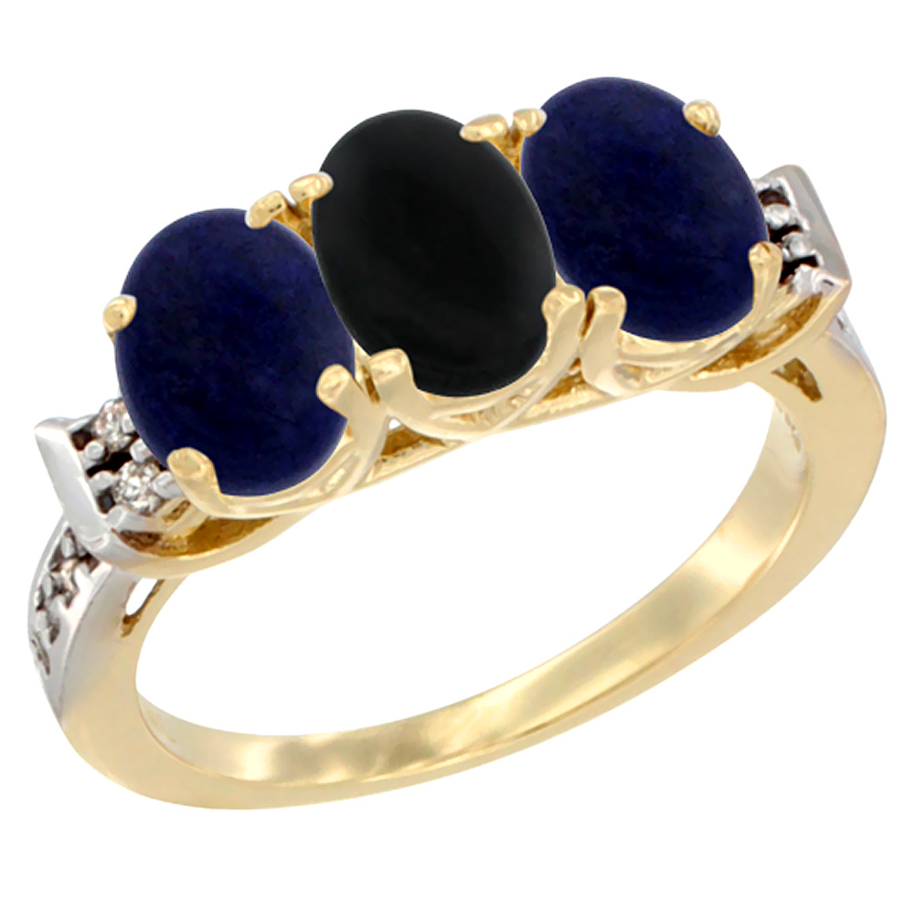 10K Yellow Gold Natural Black Onyx & Lapis Sides Ring 3-Stone Oval 7x5 mm Diamond Accent, sizes 5 - 10