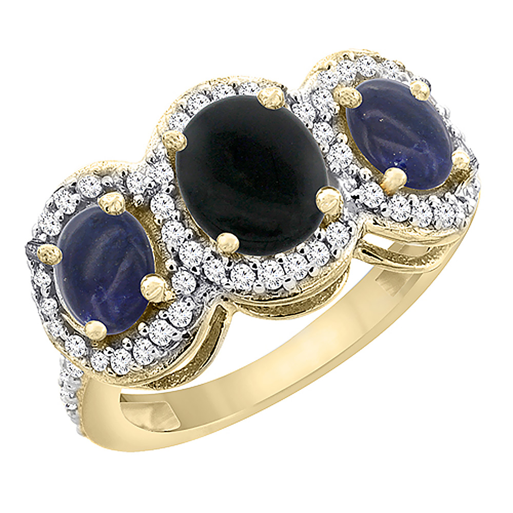 10K Yellow Gold Natural Black Onyx & Lapis 3-Stone Ring Oval Diamond Accent, sizes 5 - 10