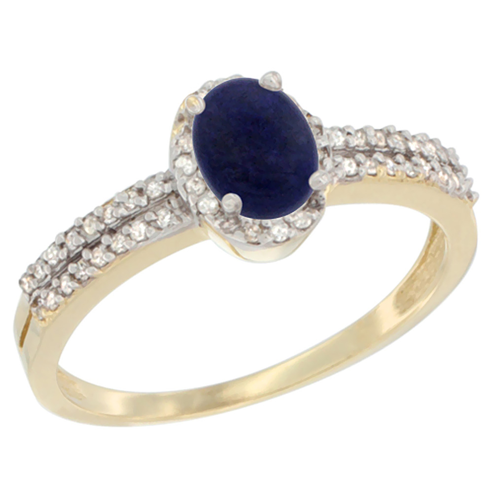 10K Yellow Gold Natural Lapis Ring Oval 6x4mm Diamond Accent, sizes 5-10