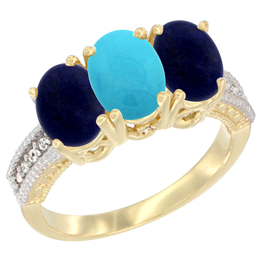 10K Yellow Gold Diamond Natural Turquoise &amp; Lapis Ring 3-Stone 7x5 mm Oval, sizes 5 - 10
