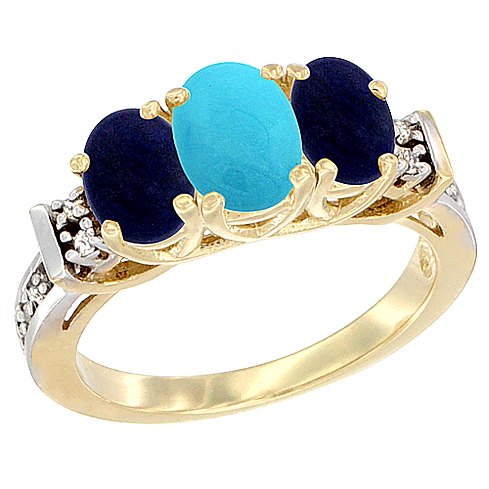14K Yellow Gold Natural Turquoise &amp; Lapis Ring 3-Stone Oval Diamond Accent