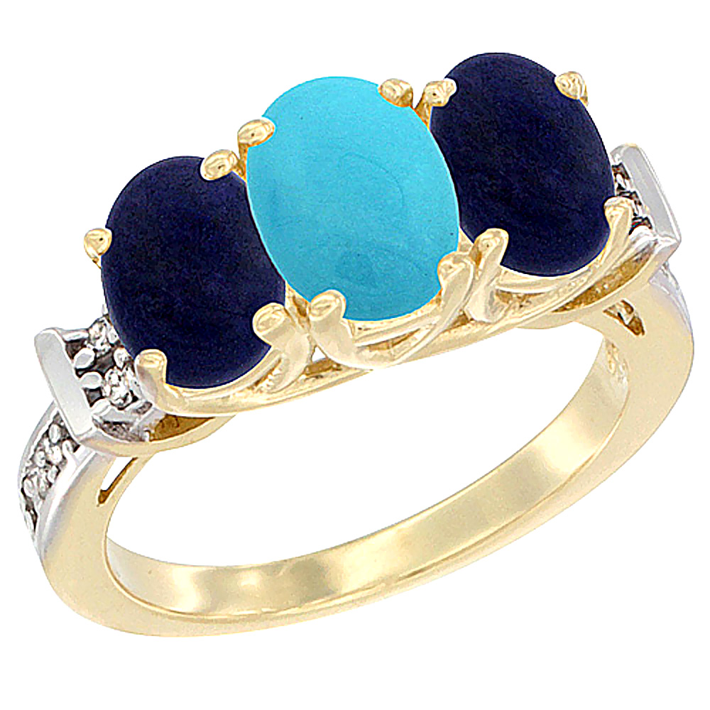 10K Yellow Gold Natural Turquoise & Lapis Sides Ring 3-Stone Oval Diamond Accent, sizes 5 - 10
