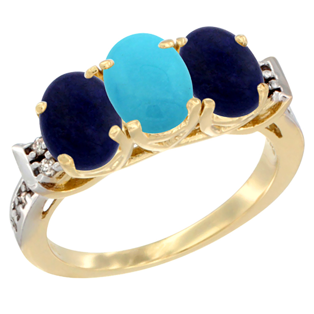 10K Yellow Gold Natural Turquoise &amp; Lapis Sides Ring 3-Stone Oval 7x5 mm Diamond Accent, sizes 5 - 10