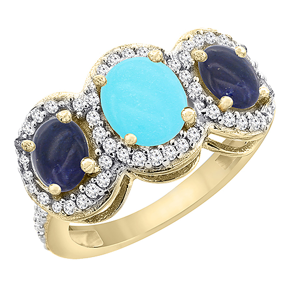 14K Yellow Gold Natural Turquoise &amp; Lapis 3-Stone Ring Oval Diamond Accent, sizes 5 - 10