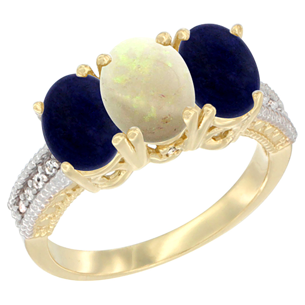 14K Yellow Gold Natural Opal Ring with Lapis 3-Stone 7x5 mm Oval Diamond Accent, sizes 5 - 10