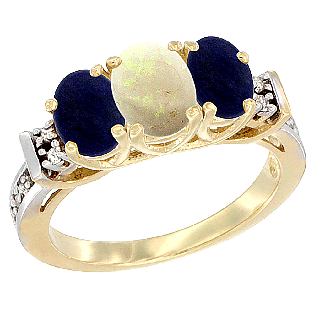 14K Yellow Gold Natural Opal &amp; Lapis Ring 3-Stone Oval Diamond Accent
