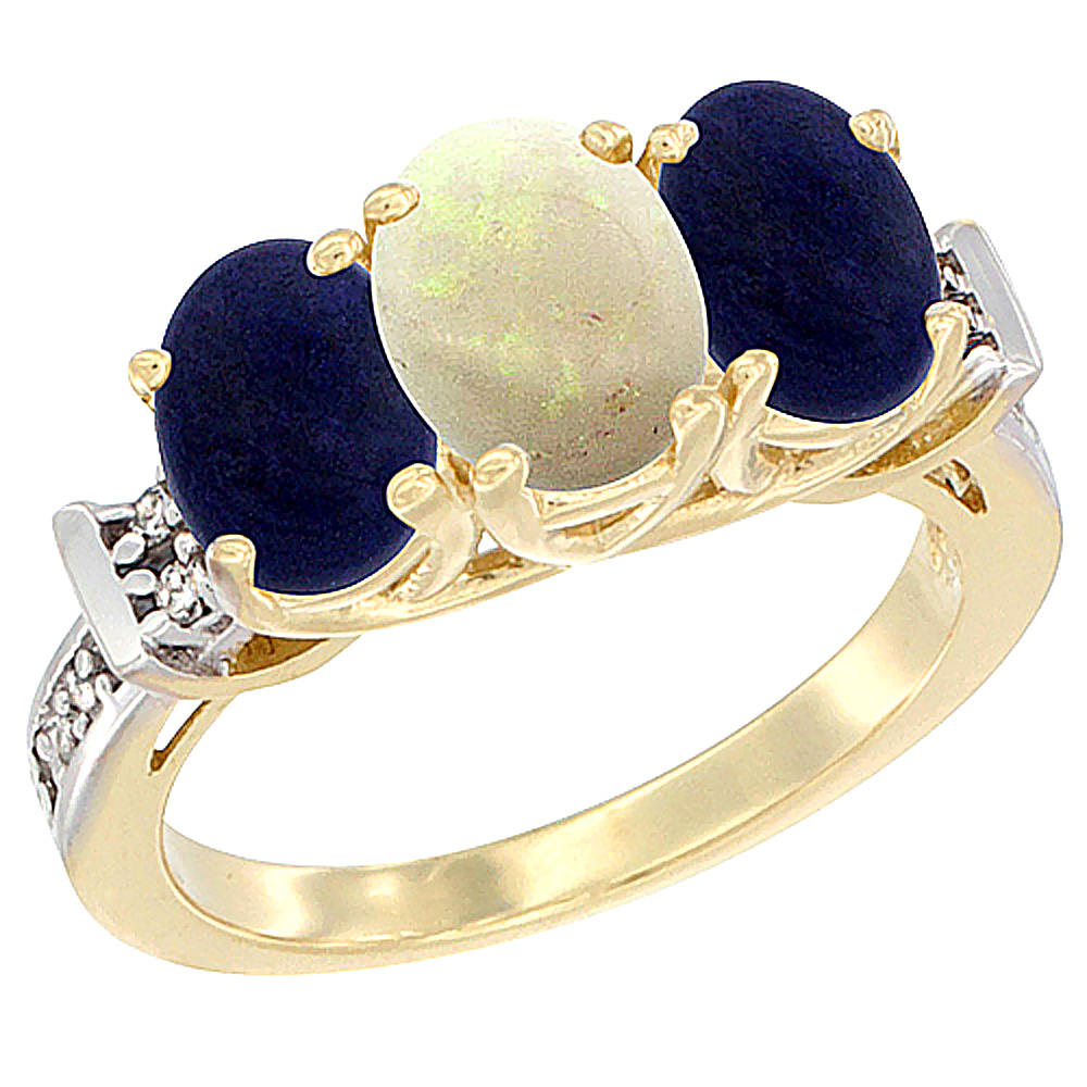14K Yellow Gold Natural Opal & Lapis Sides Ring 3-Stone Oval Diamond Accent, sizes 5 - 10