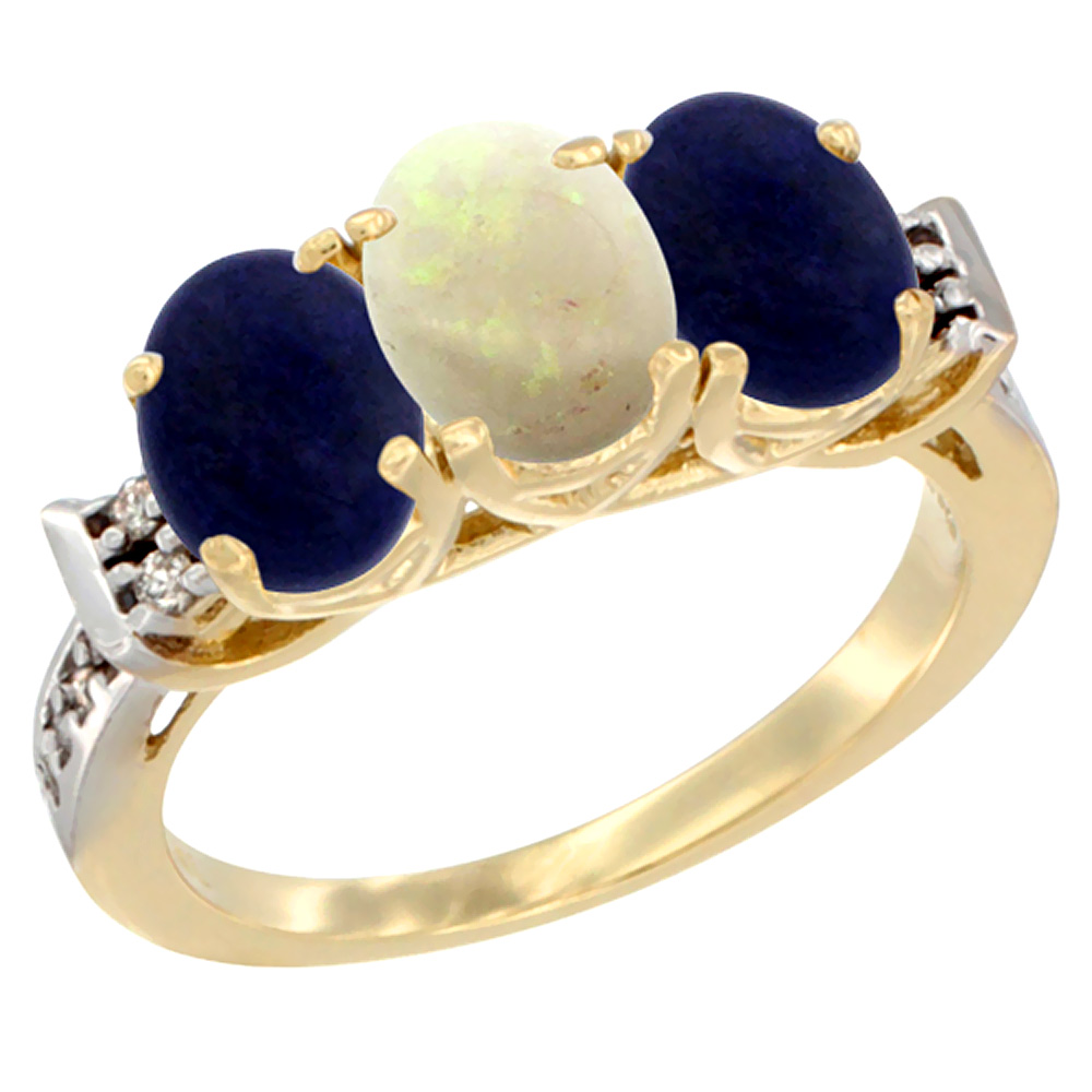 10K Yellow Gold Natural Opal & Lapis Sides Ring 3-Stone Oval 7x5 mm Diamond Accent, sizes 5 - 10