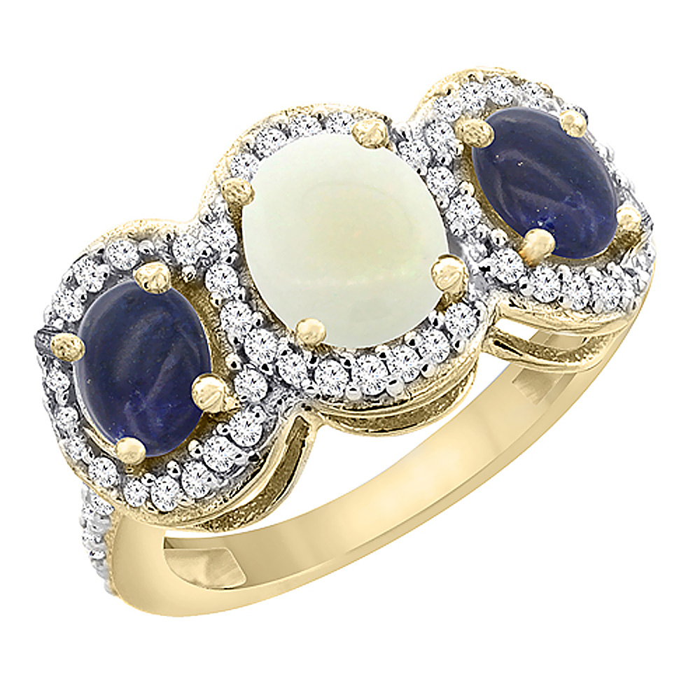 14K Yellow Gold Natural Opal &amp; Lapis 3-Stone Ring Oval Diamond Accent, sizes 5 - 10