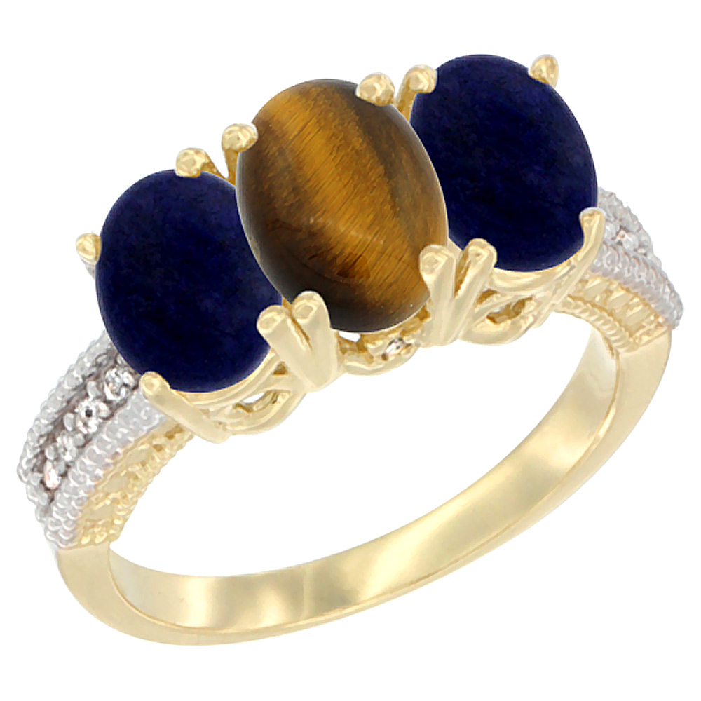 10K Yellow Gold Diamond Natural Tiger Eye &amp; Lapis Ring 3-Stone 7x5 mm Oval, sizes 5 - 10