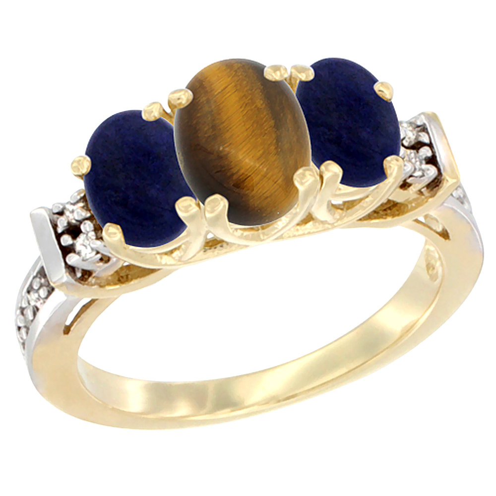 14K Yellow Gold Natural Tiger Eye &amp; Lapis Ring 3-Stone Oval Diamond Accent