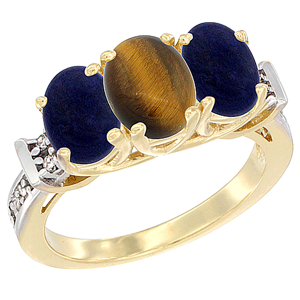 14K Yellow Gold Natural Tiger Eye & Lapis Sides Ring 3-Stone Oval Diamond Accent, sizes 5 - 10