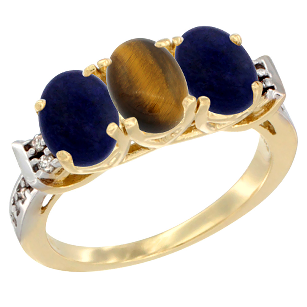 14K Yellow Gold Natural Tiger Eye &amp; Lapis Ring 3-Stone 7x5 mm Oval Diamond Accent, sizes 5 - 10