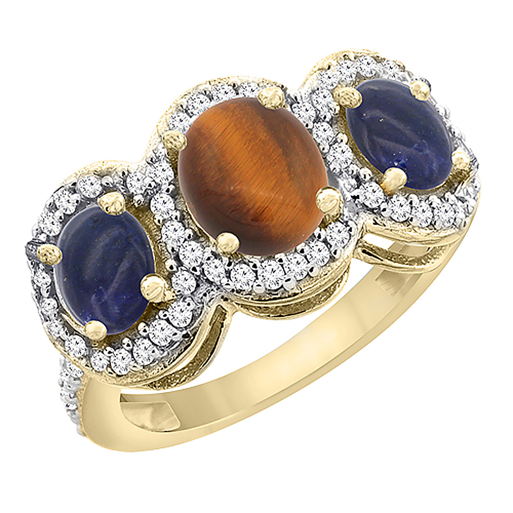 10K Yellow Gold Natural Tiger Eye & Lapis 3-Stone Ring Oval Diamond Accent, sizes 5 - 10