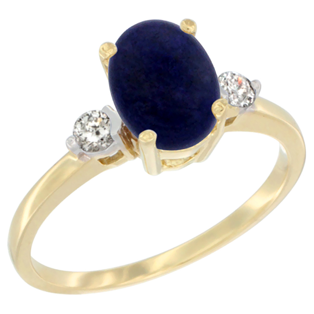 14K Yellow Gold Natural Lapis Ring Oval 9x7 mm Diamond Accent, sizes 5 to 10