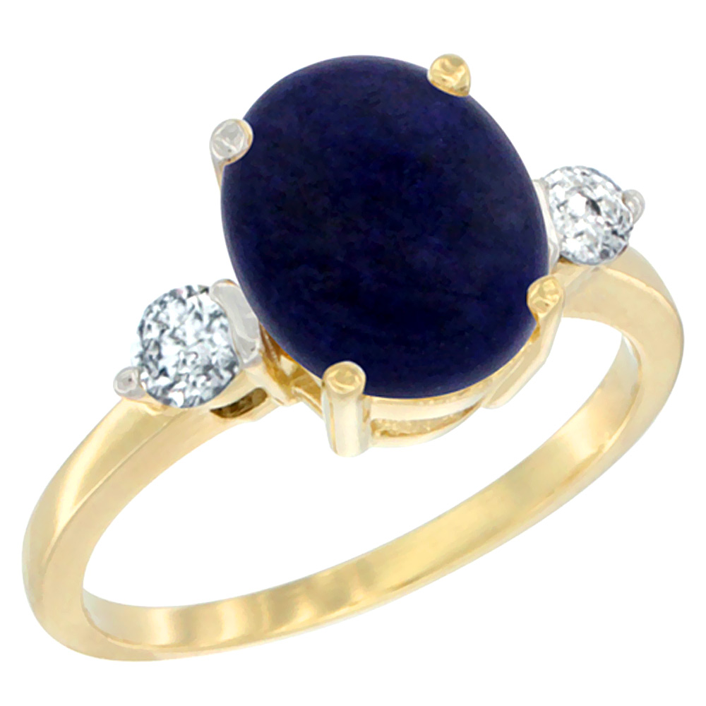 10K Yellow Gold 10x8mm Oval Natural Lapis Ring for Women Diamond Side-stones sizes 5 - 10
