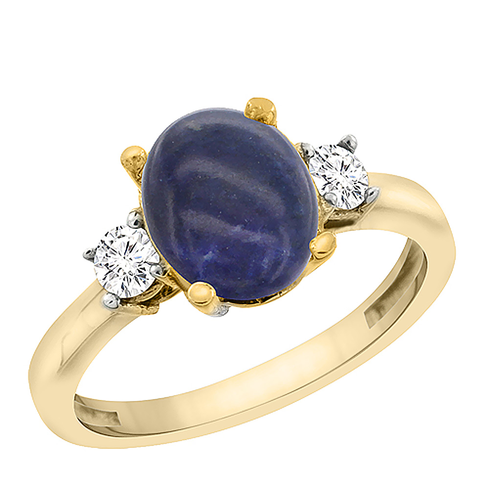 10K Yellow Gold Natural Lapis Engagement Ring Oval 10x8 mm Diamond Sides, sizes 5 - 10
