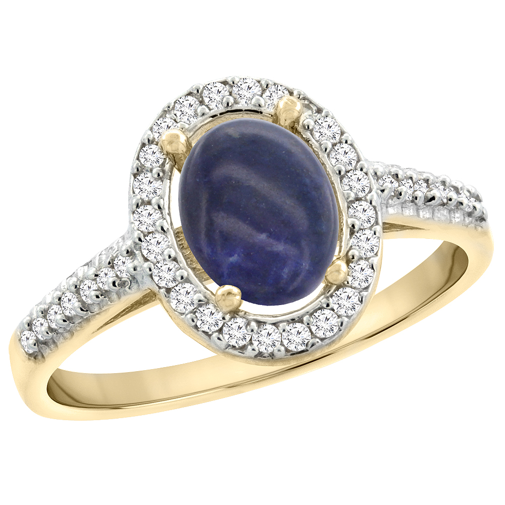 14K Yellow Gold Natural Lapis Engagement Ring Oval 7x5 mm Diamond Halo, sizes 5 - 10
