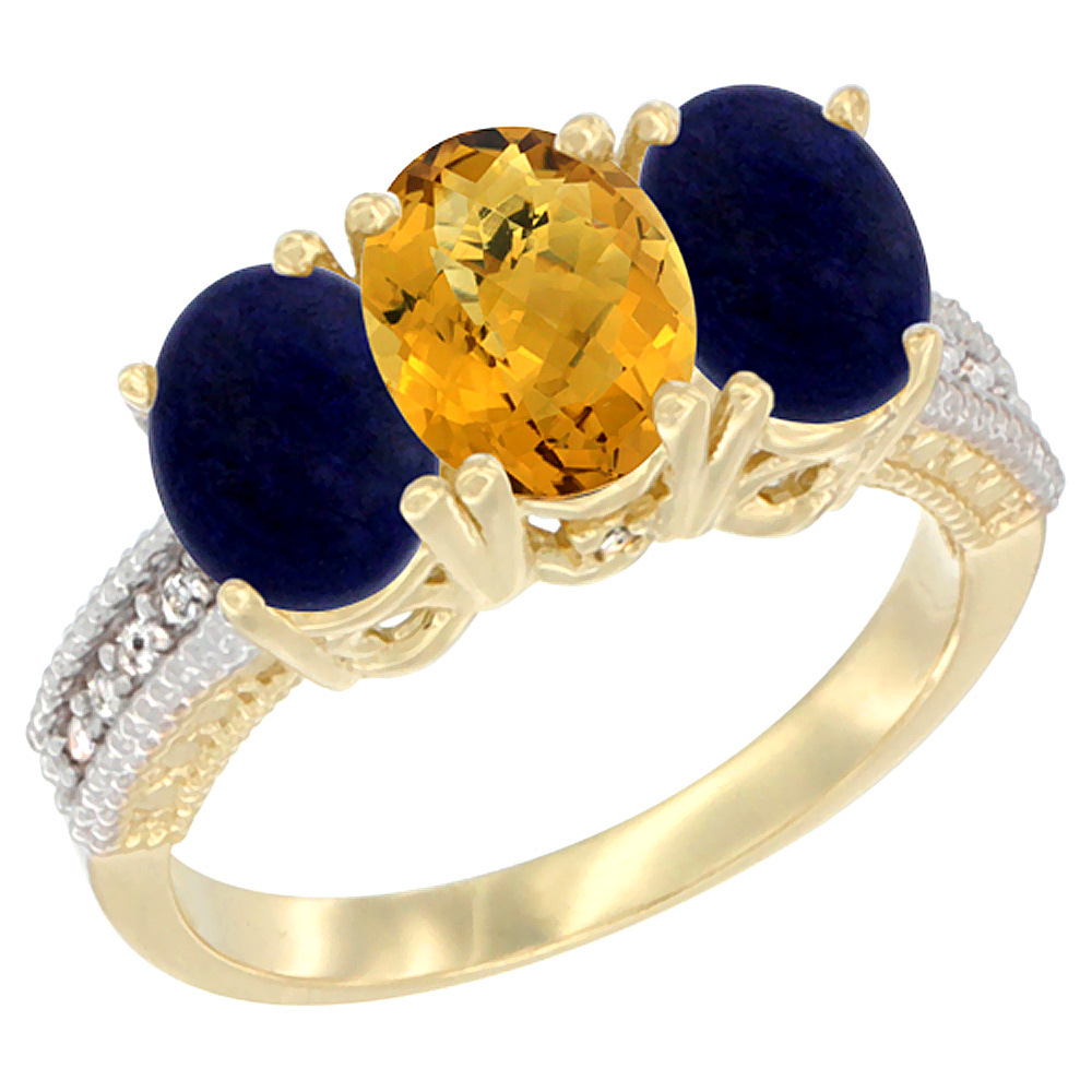 14K Yellow Gold Natural Whisky Quartz Ring with Lapis 3-Stone 7x5 mm Oval Diamond Accent, sizes 5 - 10