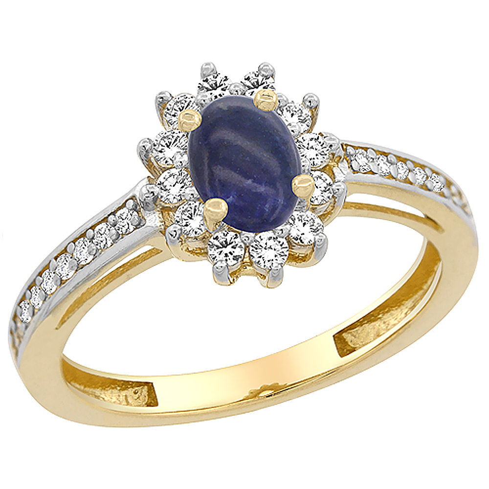 10K Yellow Gold Natural Lapis Flower Halo Ring Oval 6x4 mm Diamond Accents, sizes 5 - 10