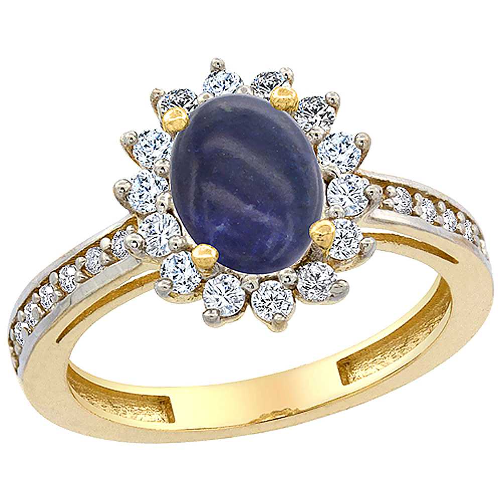 10K Yellow Gold Natural Lapis Floral Halo Ring Oval 8x6mm Diamond Accents, sizes 5 - 10