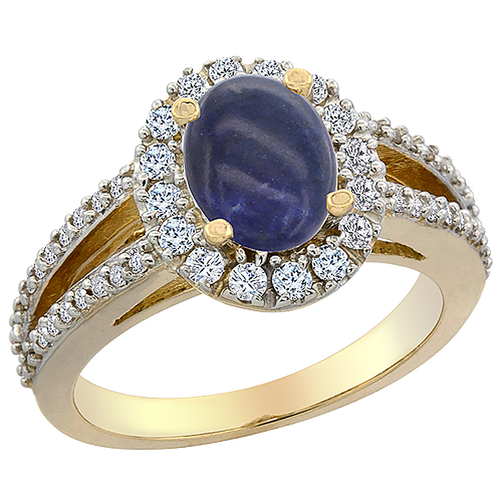 10K Yellow Gold Natural Lapis Halo Ring Oval 8x6 mm with Diamond Accents, sizes 5 - 10